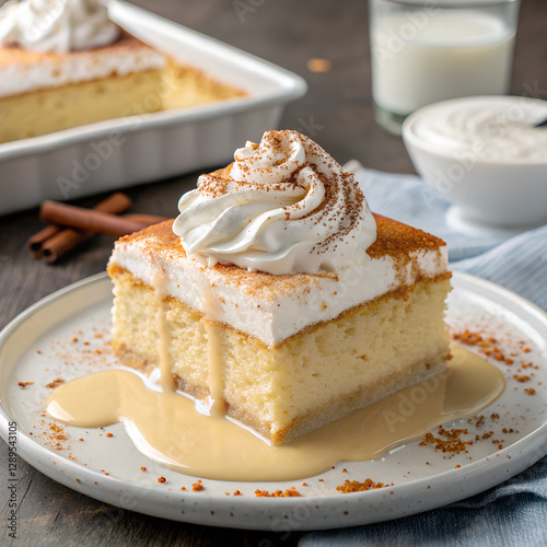Delicious slice of tres leches cake with whipped topping and caramel sauce on a rustic wooden surface.