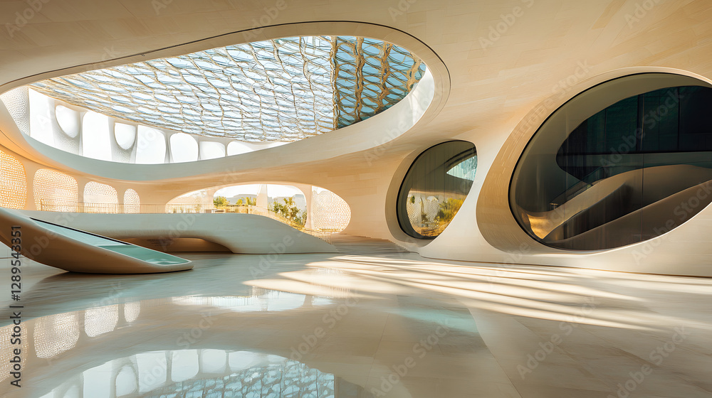 A futuristic Saudi Arabian cultural center combining traditional Arabian design with advanced technology.