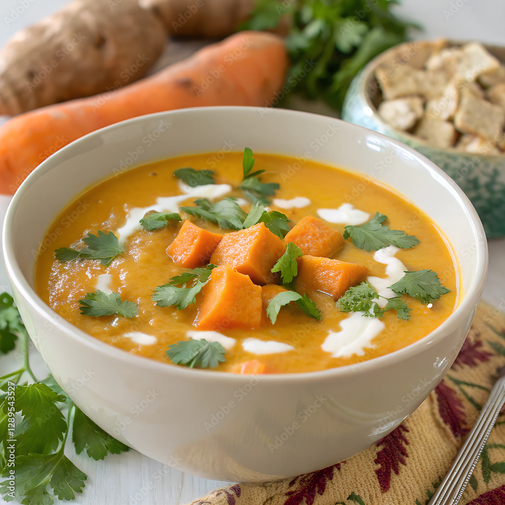 Bowl of comforting sweet potato soup topped with coconut cream and fresh parsley, ready to be enjoyed. Bowl of comforting sweet potato soup topped with coconut cream and fresh parsley, ready to be enjoyed.