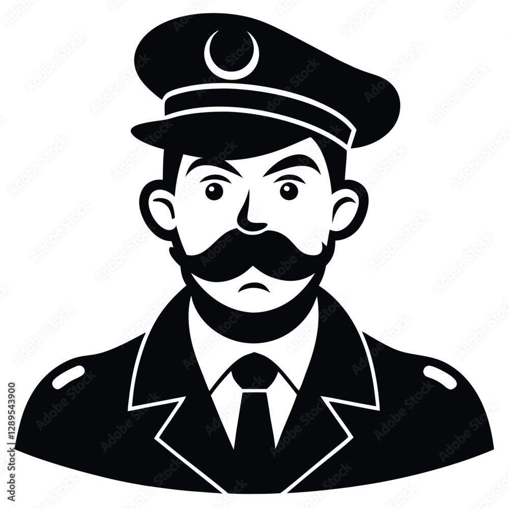 military officer, handlebar mustache, peaked cap with crescent moon emblem, stern expression, uniform with epaulettes, high contrast, vintage style, black and white illustration, portrait, military officer, handlebar mustache, peaked cap with crescent moon emblem, stern expression, uniform with epaulettes, high contrast, vintage style, black and white illustration, portrait,