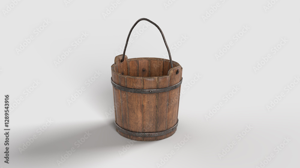 antique iron and wood bucket in white setting, left view antique iron and wood bucket in white setting, left view