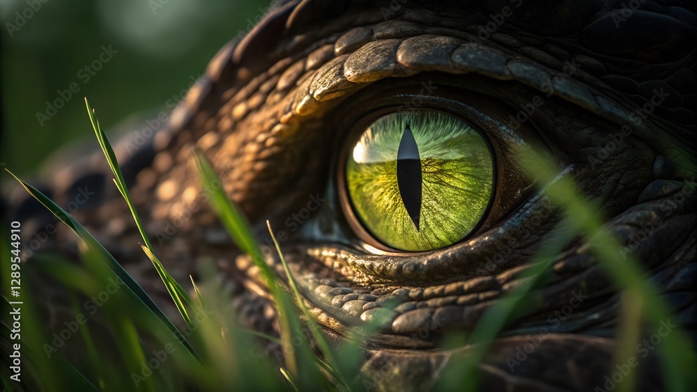 Fototapeta premium Eye of the reptilian predator, gazing out from the lush, green grasses of its natural habitat.