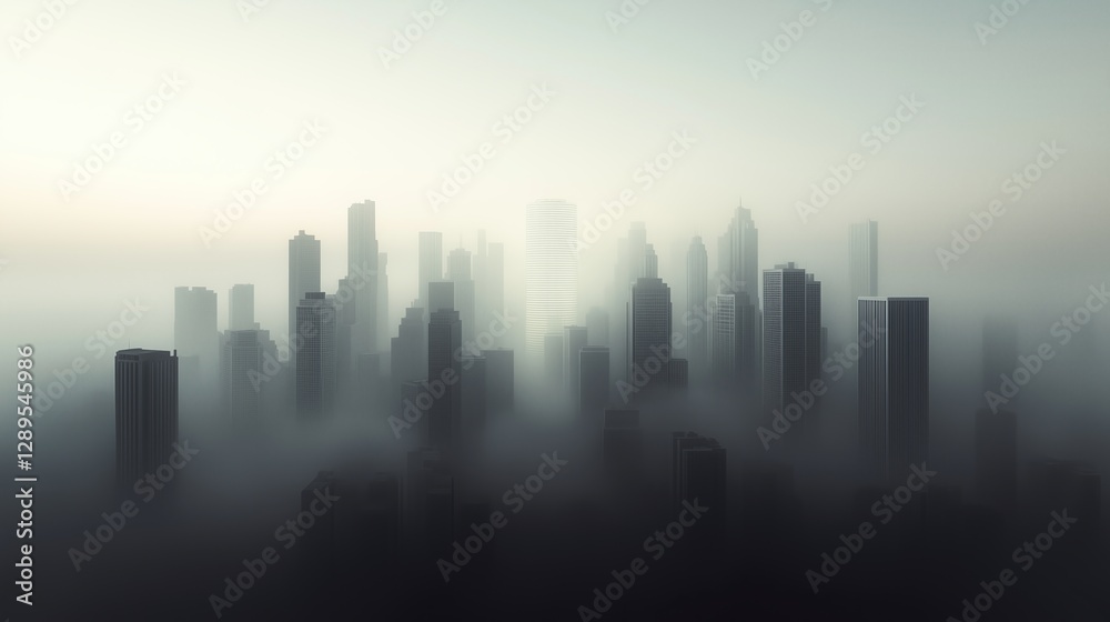 Misty skyline view of towering buildings at dawn showcasing urban beauty and tranquility Misty skyline view of towering buildings at dawn showcasing urban beauty and tranquility