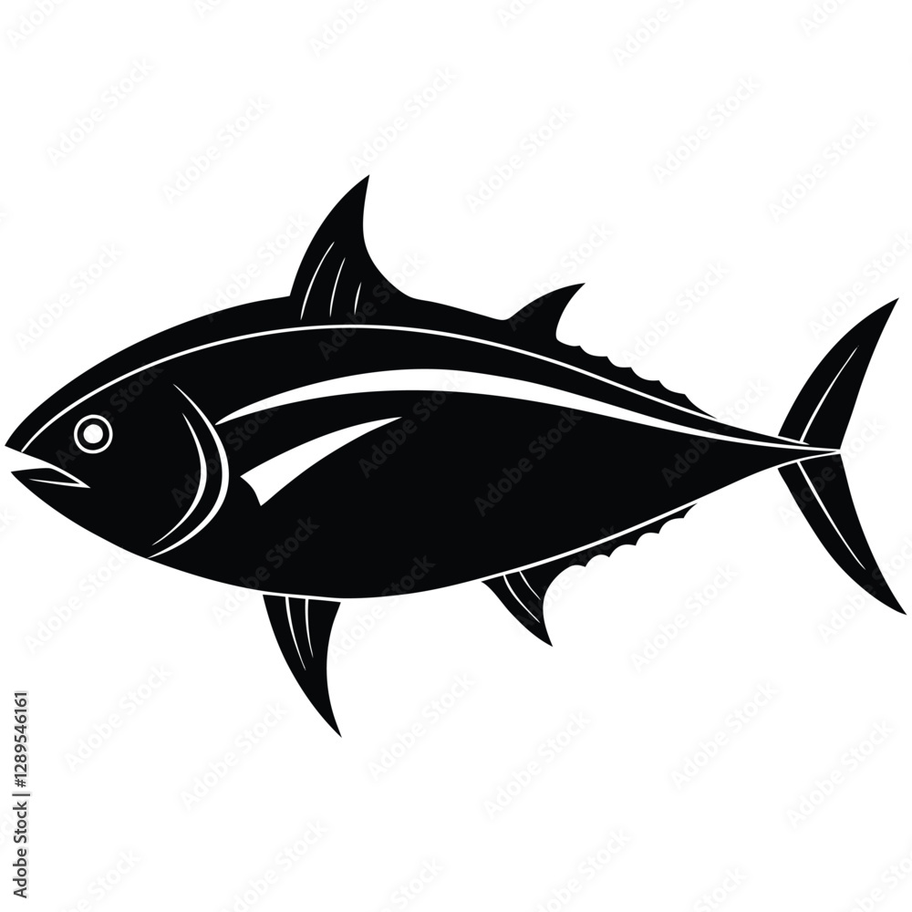 stylized tuna fish, simplified graphic design, bold silhouette, marine life icon, minimalist fish logo, sleek aquatic symbol, vector art, sharp fins, Black and white illustration, stylized tuna fish, simplified graphic design, bold silhouette, marine life icon, minimalist fish logo, sleek aquatic symbol, vector art, sharp fins, Black and white illustration,