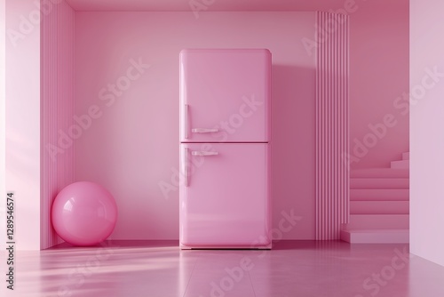Bright pink fridge stands against a stylish and modern pastel interior with a playful pink ball