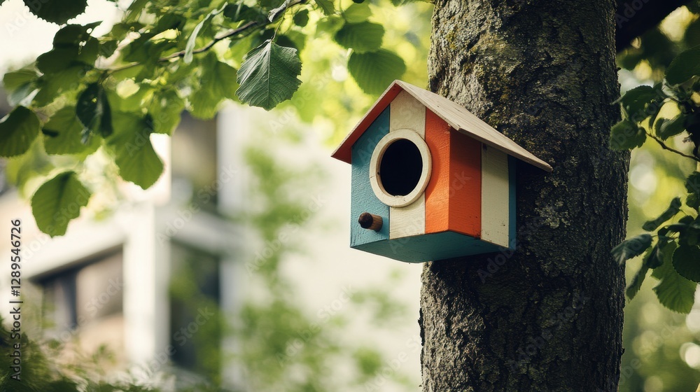 Bird with bird house box in Spring. Bird with bird house box in Spring.