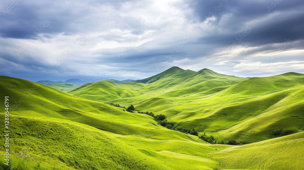 Obraz premium Rolling green hills of Ireland under dramatic clouds in a scenic landscape