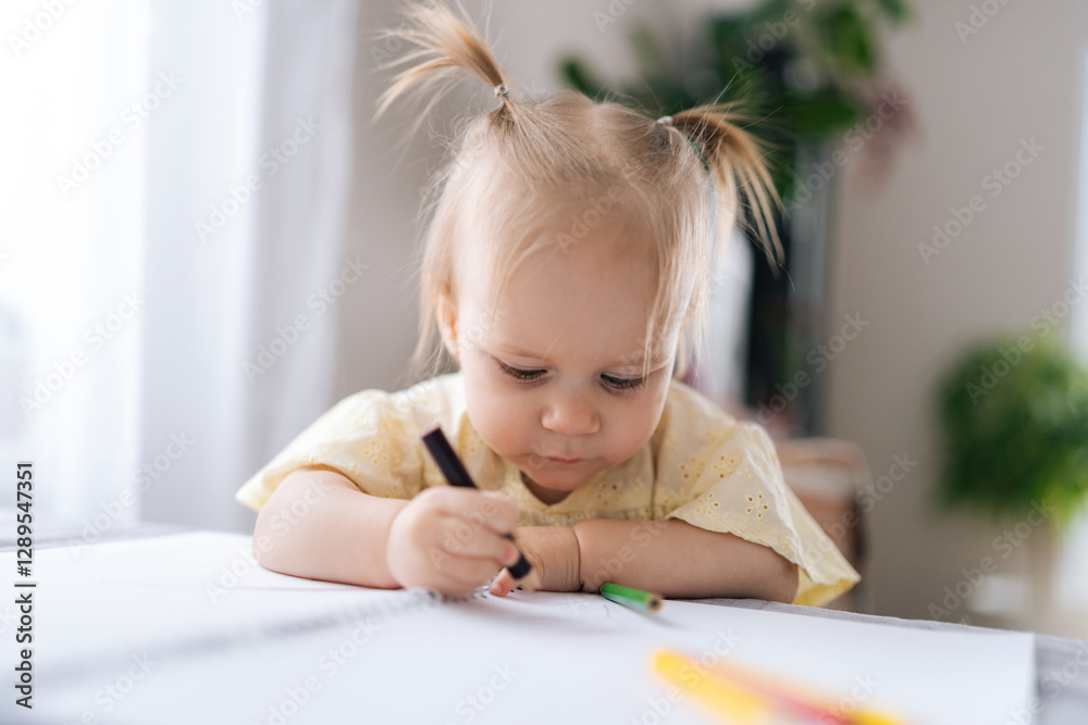Close-up portrait of little girl drawing with colored pencils on sketchbook, sitting at table, enjoying creative playtime in cozy home environment. Concept of early childhood development Close-up portrait of little girl drawing with colored pencils on sketchbook, sitting at table, enjoying creative playtime in cozy home environment. Concept of early childhood development