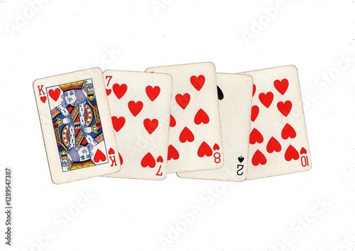 Фотография A hand of vintage playing cards on a white background.
