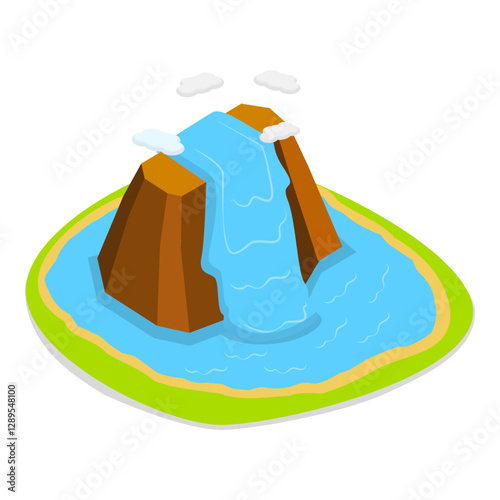 3D Isometric Flat Vector Set of Natural Water Landscape , River, Waterfall, Pond, and Fountain. Item 6