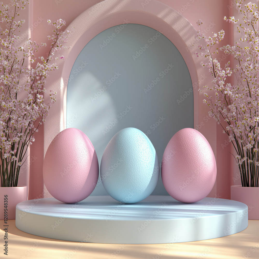 Set of 3D happy easter day background. Yellow, blue, pink and white podium in egg oval shape gate backdrop scene. Platforms mockup product display. Abstract composition minimal design. Stage showcase.