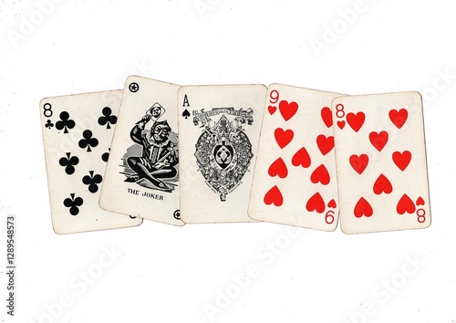 Canvas-taulu A hand of vintage playing cards on a white background.