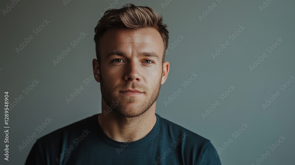 Confident Young Man with Short Hair Posing Against a Minimalist Background Confident Young Man with Short Hair Posing Against a Minimalist Background