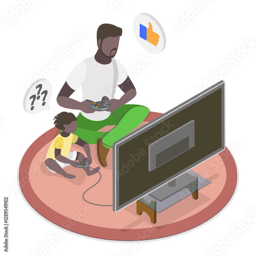 3D Isometric Flat Vector Illustration of Playing With Dad, Fatherhood, Daddy Super Hero. Item 4