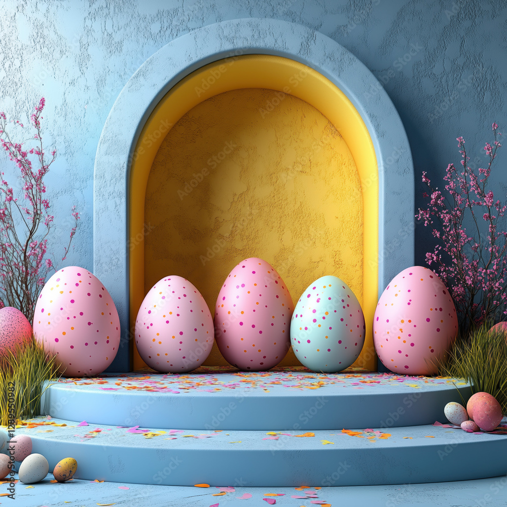 Set of 3D happy easter day background. Yellow, blue, pink and white podium in egg oval shape gate backdrop scene. Platforms mockup product display. Abstract composition minimal design. Stage showcase.