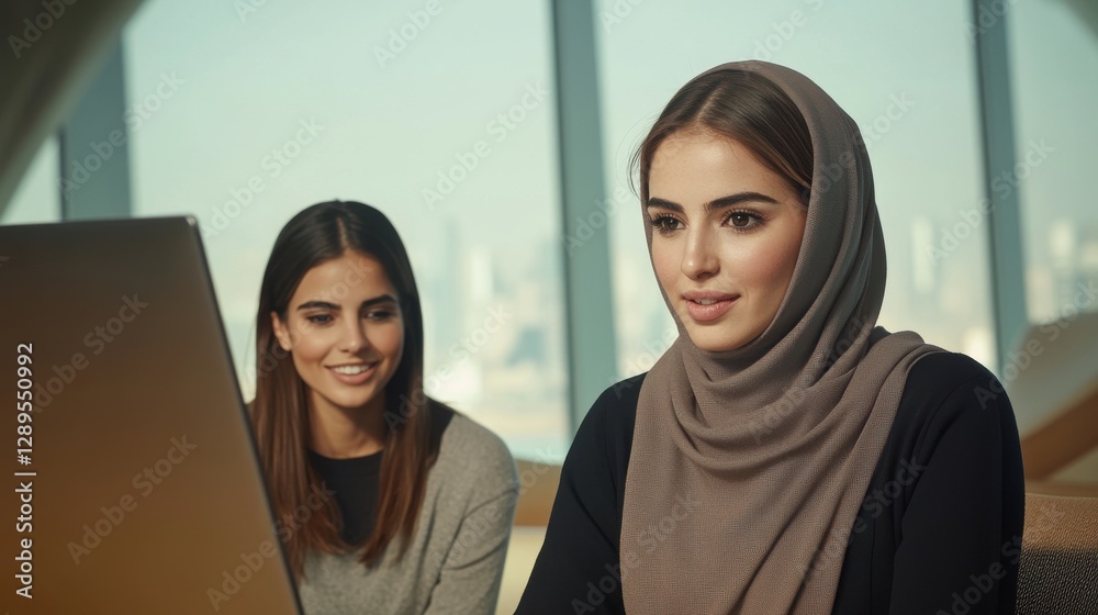 Two young muslim businesswomen collaborating on a computer project in a modern office Two young muslim businesswomen collaborating on a computer project in a modern office