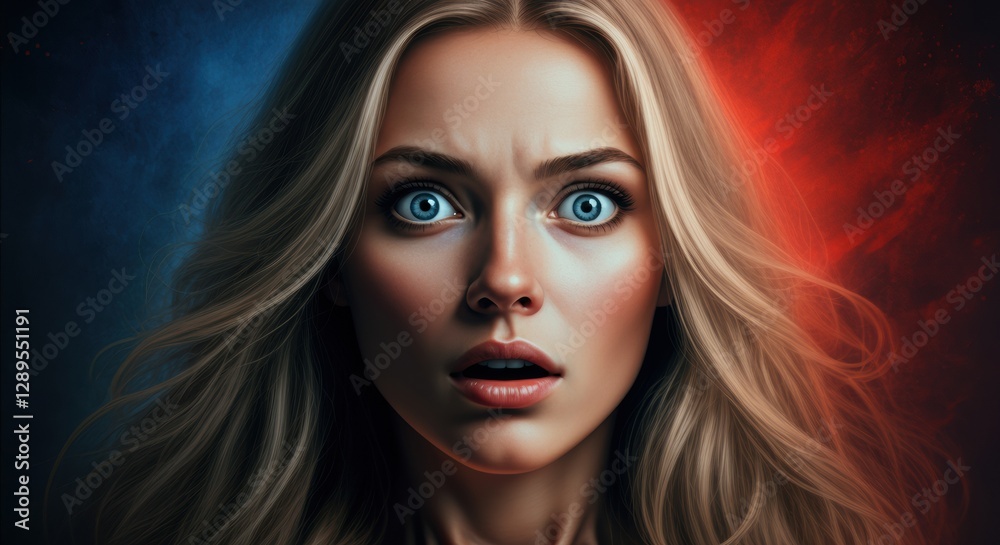 Intense portrait of a woman with striking blue eyes and shocked expression Intense portrait of a woman with striking blue eyes and shocked expression