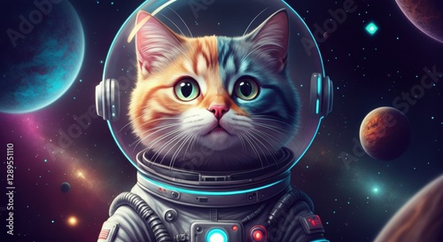 Adorable cat in a space suit exploring the cosmos with colorful planets
