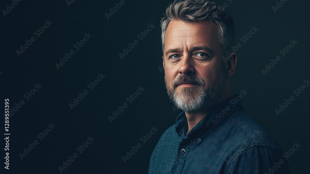 Fototapeta premium Portrait of a Thoughtful Mature Man with a Beard in a Dark Setting