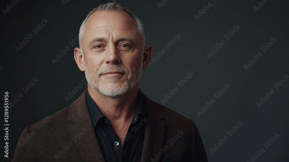 Fototapeta premium Confident Middle-Aged Man in Professional Attire Against Dark Background