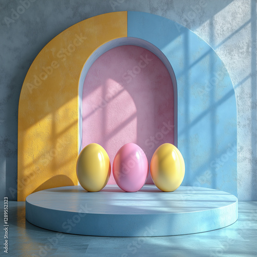 Obraz na płótnie Set of 3D happy easter day background. Yellow, blue, pink and white podium in egg oval shape gate backdrop scene. Platforms mockup product display. Abstract composition minimal design. Stage showcase. w salonie