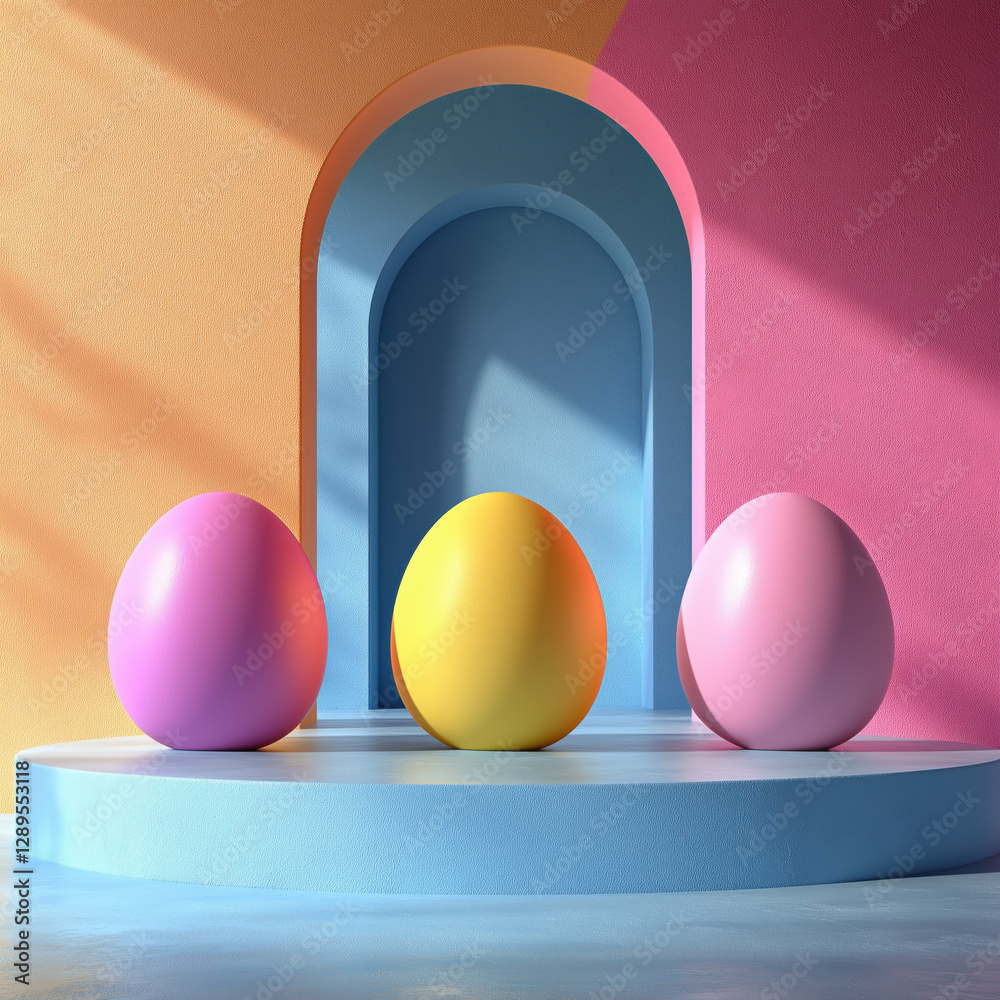 Set of 3D happy easter day background. Yellow, blue, pink and white podium in egg oval shape gate backdrop scene. Platforms mockup product display. Abstract composition minimal design. Stage showcase.