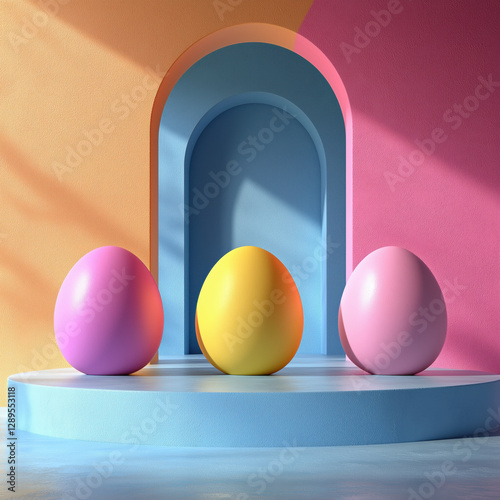 Obraz na płótnie Set of 3D happy easter day background. Yellow, blue, pink and white podium in egg oval shape gate backdrop scene. Platforms mockup product display. Abstract composition minimal design. Stage showcase. w salonie