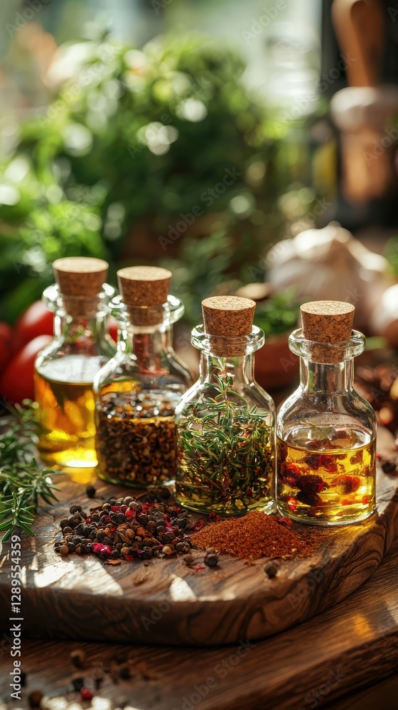 Rustic kitchen display of spices and infused oils Rustic kitchen display of spices and infused oils