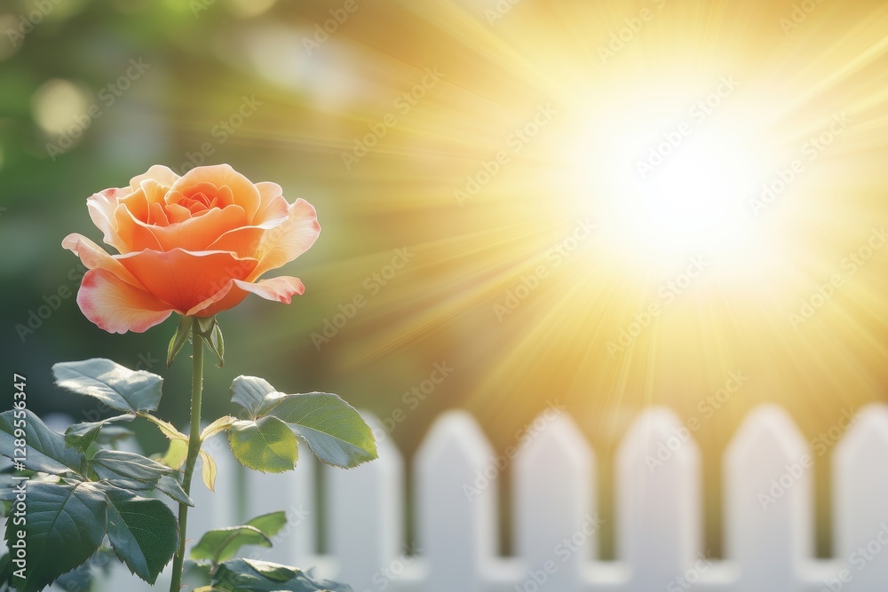 Fototapeta premium A vibrant orange rose blooming in sunlight with a white picket fence in the background.