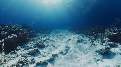A coral reef destroyed by bleaching with pale lifeless coral stretching into the distance.