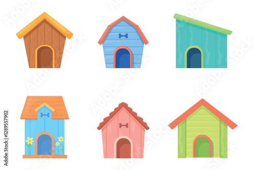 Doghouses. Cartoon dog houses, wooden kennel for puppy pet home booth with roof domestic animals house cozy canine cabin wood construction set vector illustration