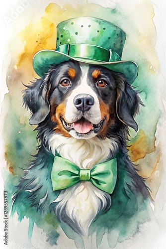 Happy Bernese Mountain Dog wearing green hat and bow tie, watercolor St. Patrick’s Day illustration for greeting cards