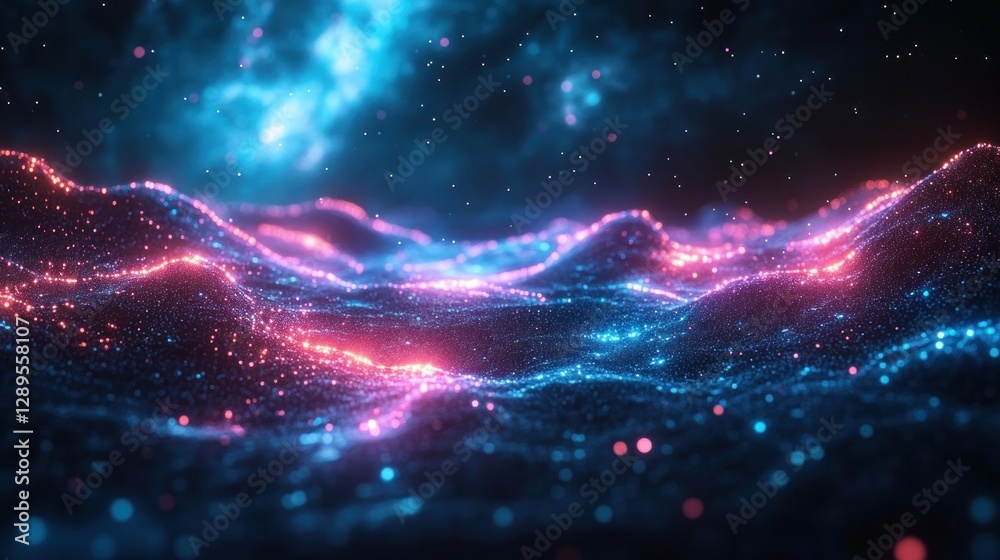 Obraz premium Abstract digital landscape with glowing particles