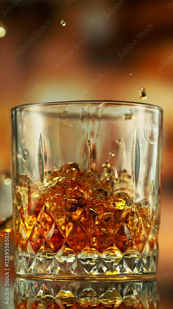 Super slow motion of falling ice cube into whiskey drink. Filmed on high speed cinema camera, 1000 fps. Vertical aspect ratio.