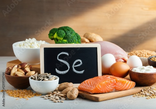 Healthy food selection rich in selenium including salmon, nuts, and broccoli