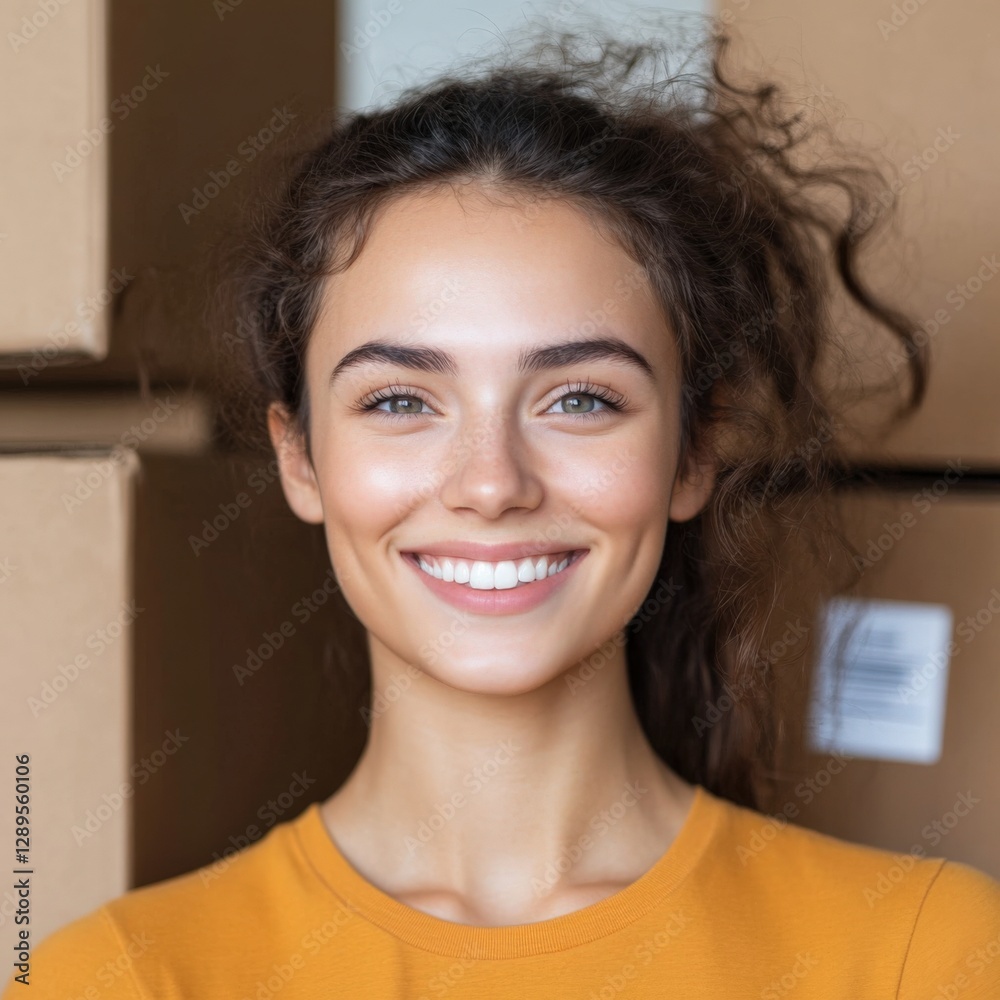 smiling Woman with Moving Boxes smiling Woman with Moving Boxes