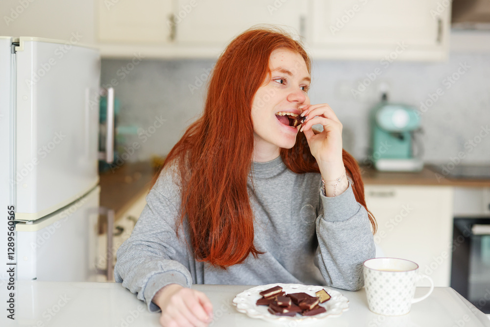 beautiful red hair girl eating dubai chocolate with pistachio filling beautiful red hair girl eating dubai chocolate with pistachio filling