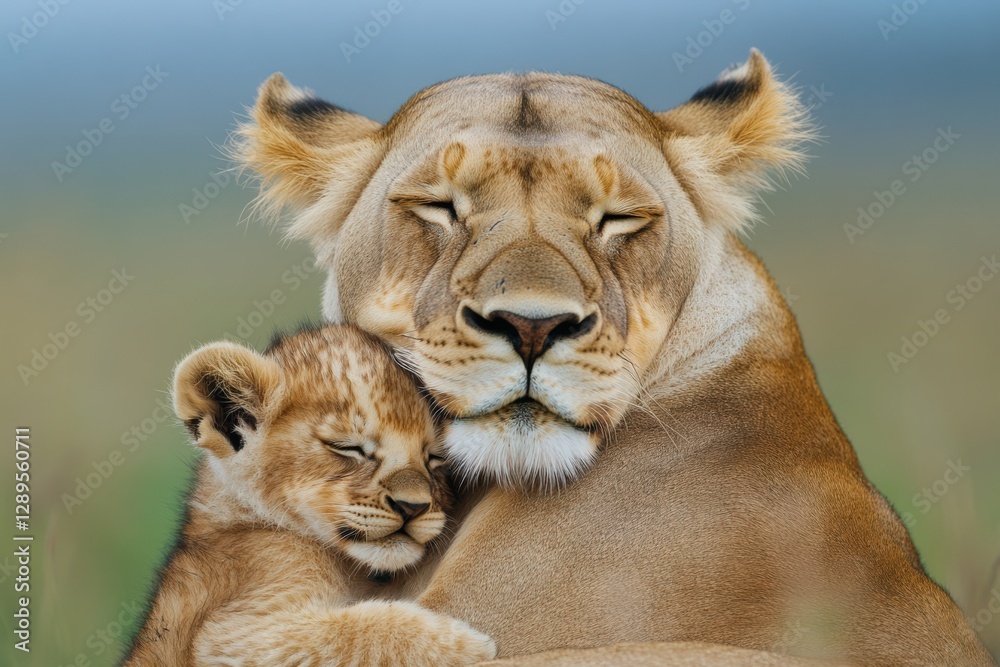 Obraz premium A Heartwarming Moment: A Female Lioness Cuddles Her Adorable Lion Cub in the Serene African Savannah Under a Bright Blue Sky