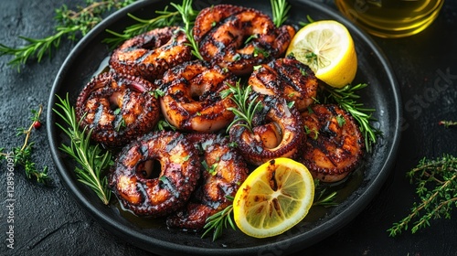Grilled octopus, rosemary, lemon, dark plate, restaurant, food photography