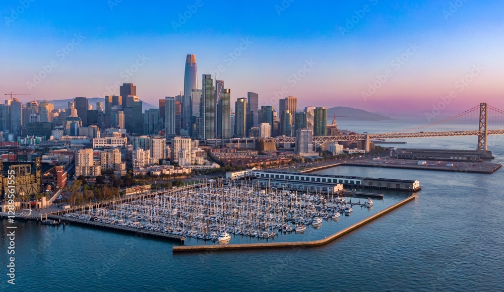 Fototapeta premium Panoramic view of San Francisco's waterfront at sunrise. Boating enthusiasts enjoy the marina. Golden Gate Bridge in the background. South Beach Harbor, San Francisco, California, USA