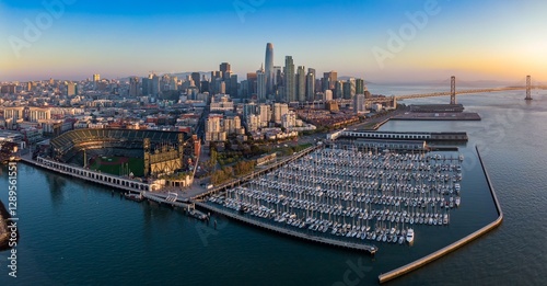 San Francisco skyline, Oracle Park, and a bustling marina at sunrise. Aerial view of the city's iconic landmarks. South Beach Harbor, San Francisco, California, USA