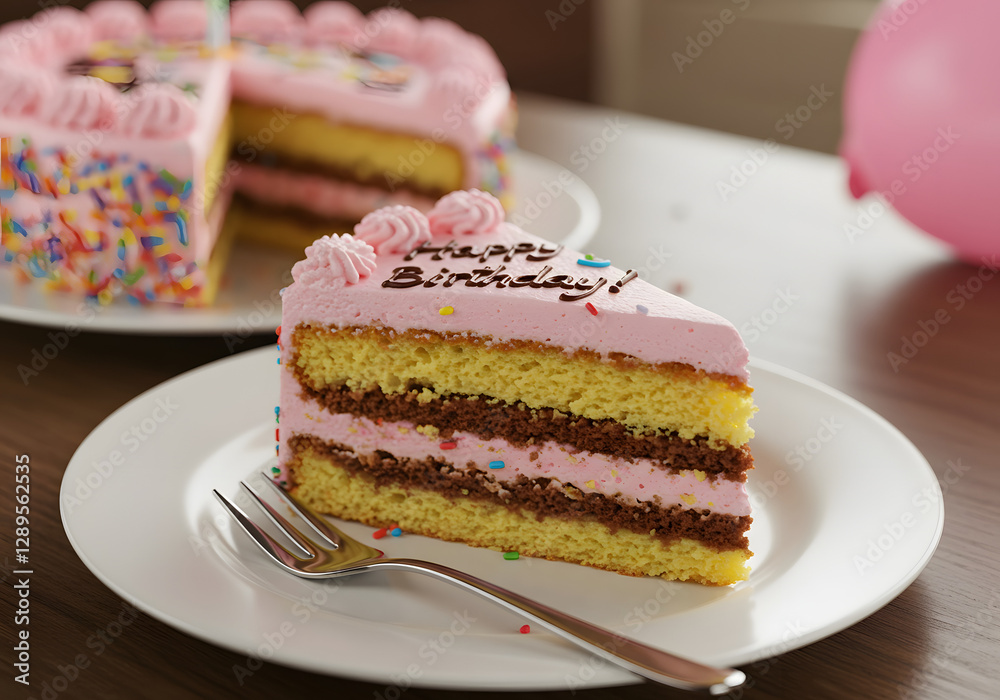 Delicious Birthday Cake Slice on Plate with Fork – Festive Sweet Treat