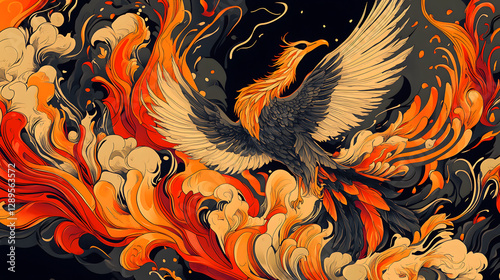 A detailed phoenix rising from ashes with vibrant orange and red flames surrounding it.