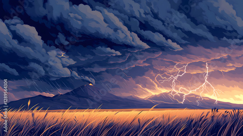 A dramatic stormy landscape with dark clouds lightning striking a distant mountain and a field of swaying grass.