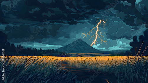 A dramatic stormy landscape with dark clouds lightning striking a distant mountain and a field of swaying grass.