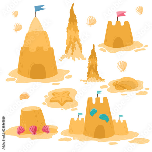 Colorful vector set of sandcastles and towers with shells and flags in warm tones