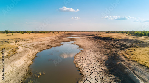 A dried-up lakebed with deep cracks and no water in sight.