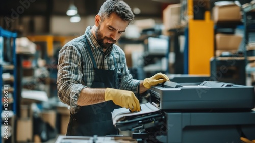 man worker repairing printer in business office