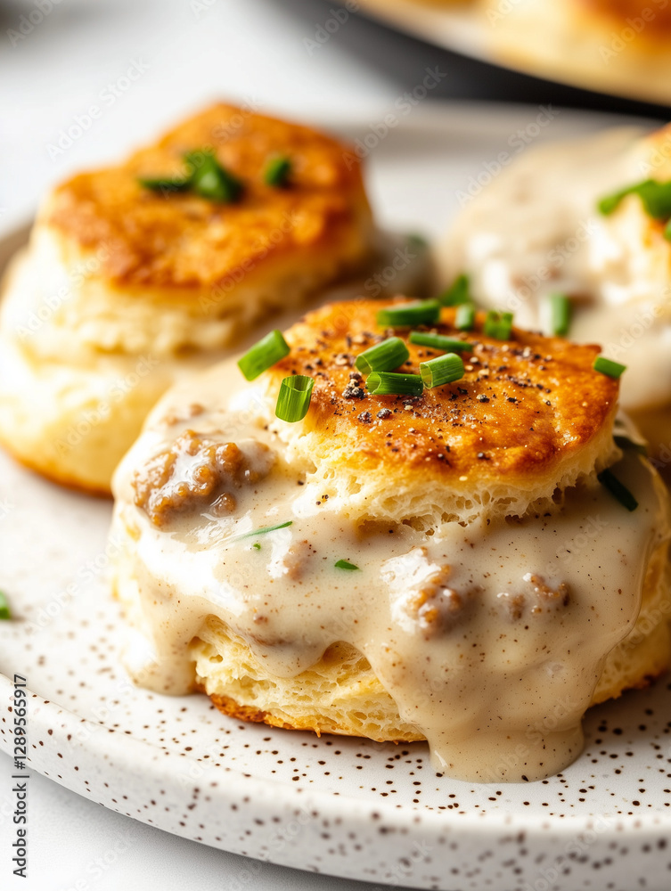 Biscuits with Sausage Gravy, Garnished with Chives and Pepper Biscuits with Sausage Gravy, Garnished with Chives and Pepper
