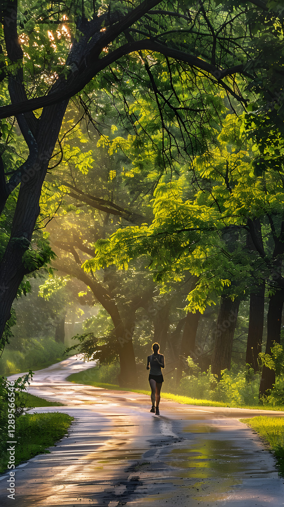 Morning Run Through Scenic Forest Pathway, Capturing Determination and Natural Beauty